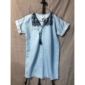 Old Navy Denim Boho Dress Embroidered w Tassel Tie & Split Neck - Size Med